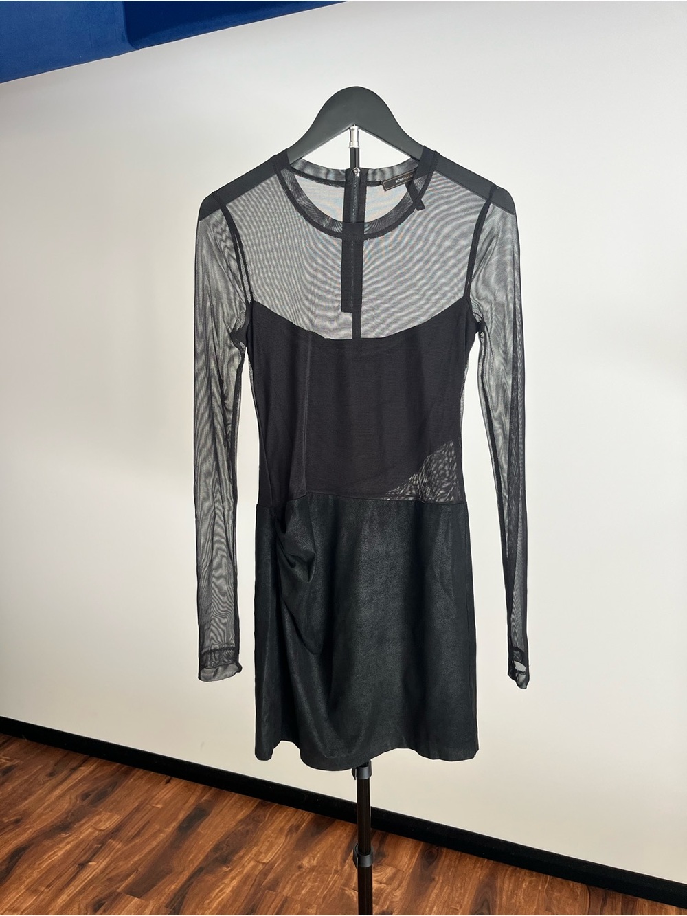 BCBGMaxAzria Black Long-Sleeve Mesh & Faux-Leather Mini Dress